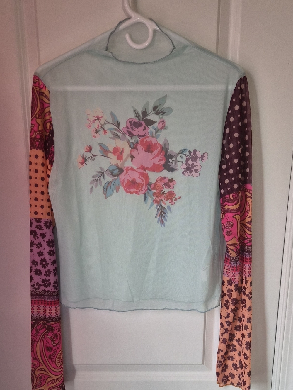 Floral Print Mesh Long Sleeve Women's Top in Light Blue and Pink